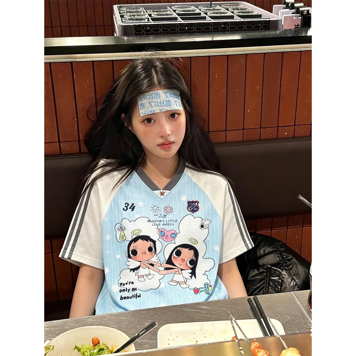 夏季韩系运动撞色V领短袖T恤女