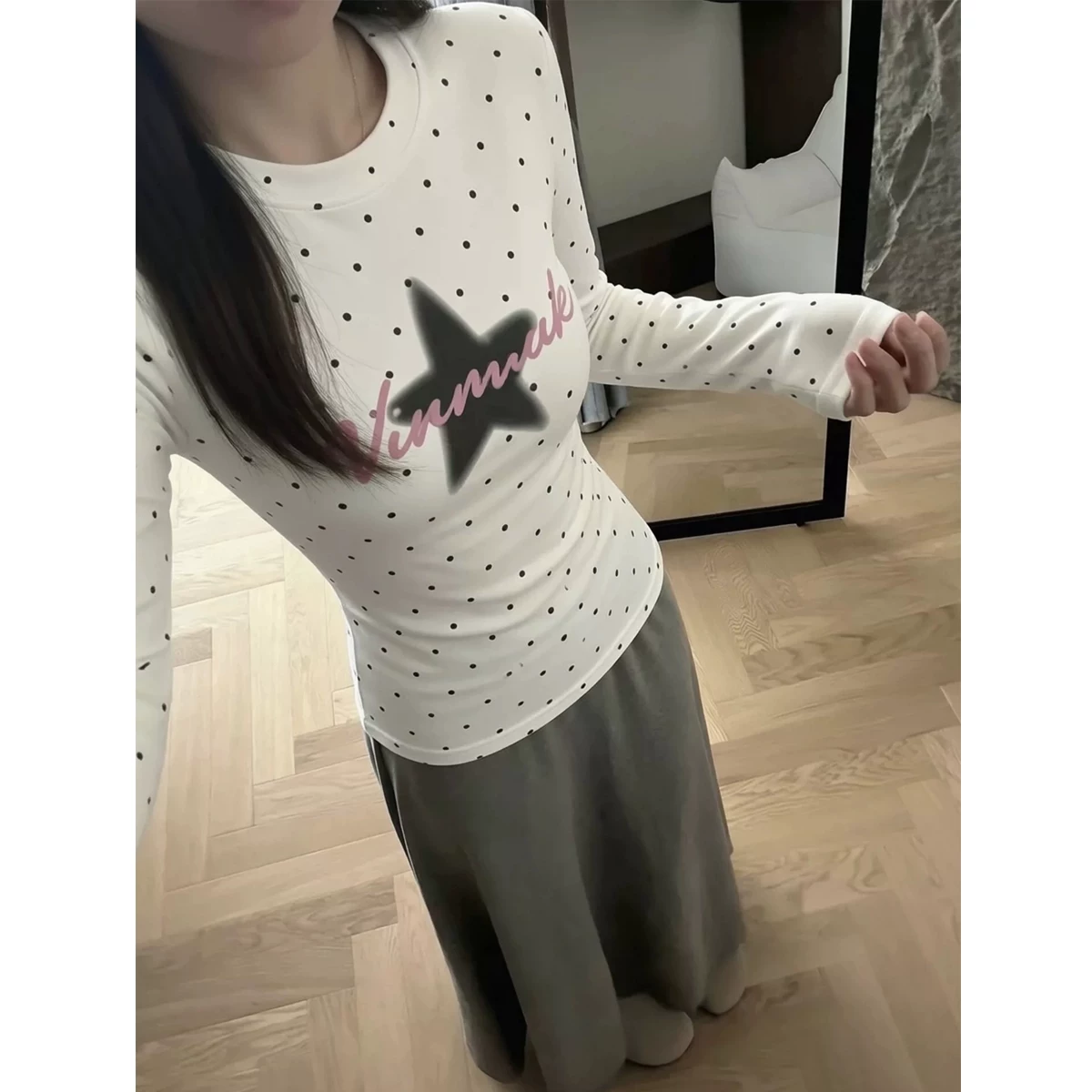 美式辣妹波点正肩长袖上衣女