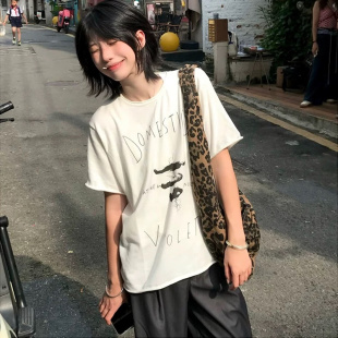 设计感小众纯棉宽松上衣 美式 高街字母印花白色短袖 T恤女夏季 新款