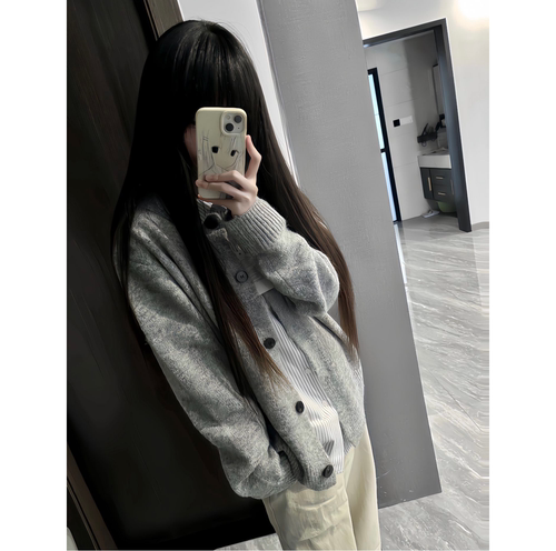 韩系复古花灰毛绒针织开衫