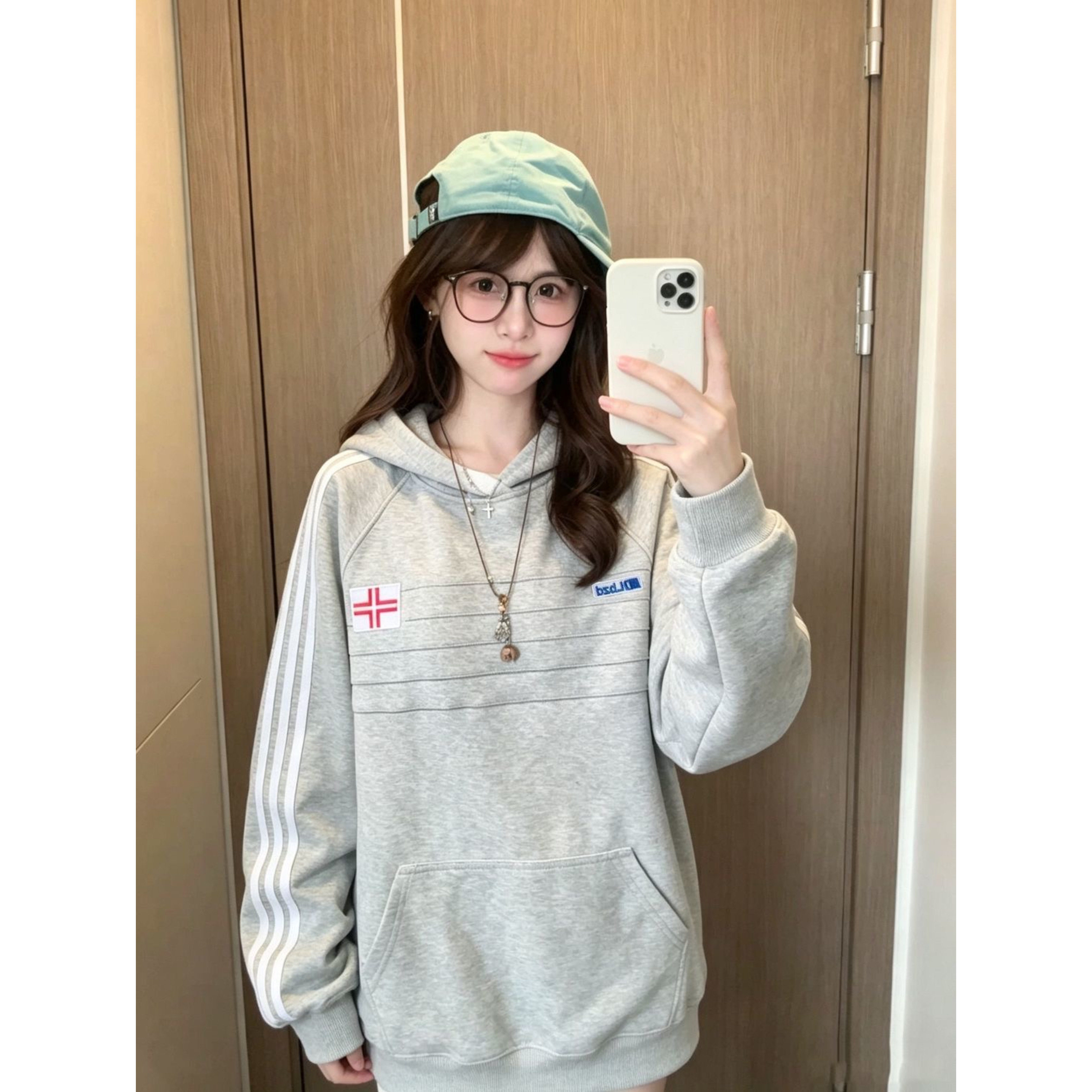 美式复古英格兰刺绣连帽卫衣女