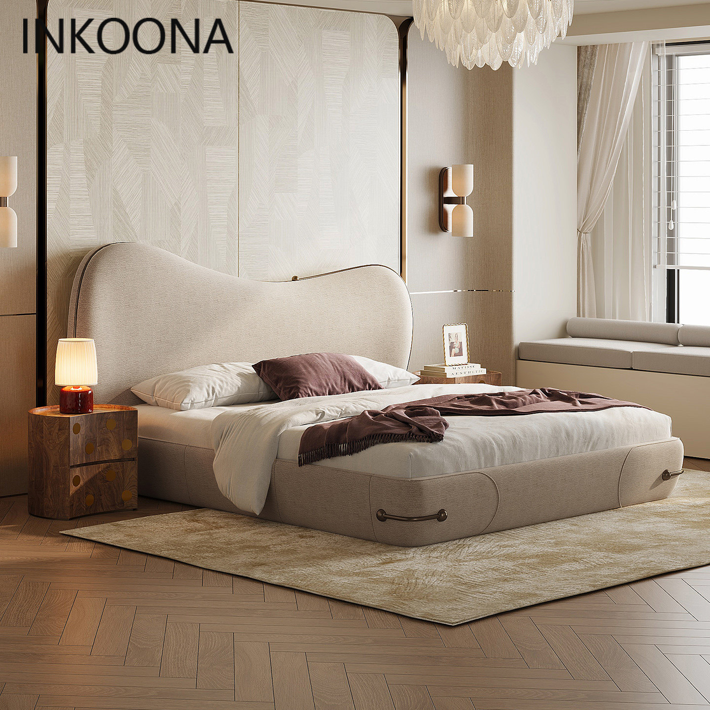 INKOONA法式奶油风布艺床原创设计款双人软包床头主卧轻奢1.8m床