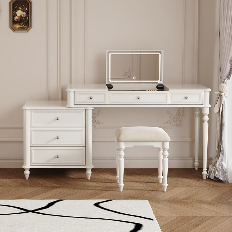 法式实木梳妆台床头柜一体翻盖化妆镜奶油风高级感化妆桌书桌卧室