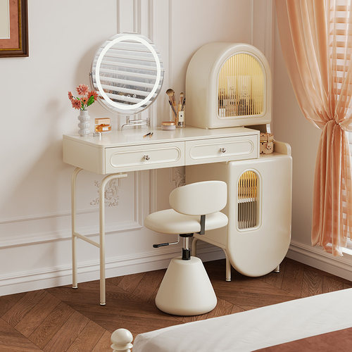 法式奶油风梳妆台收纳柜一体高级