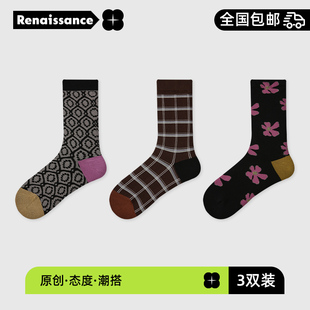 格子中筒袜 袜子女堆堆袜复古风棉袜春秋款 文艺复兴R2025秋季 新款