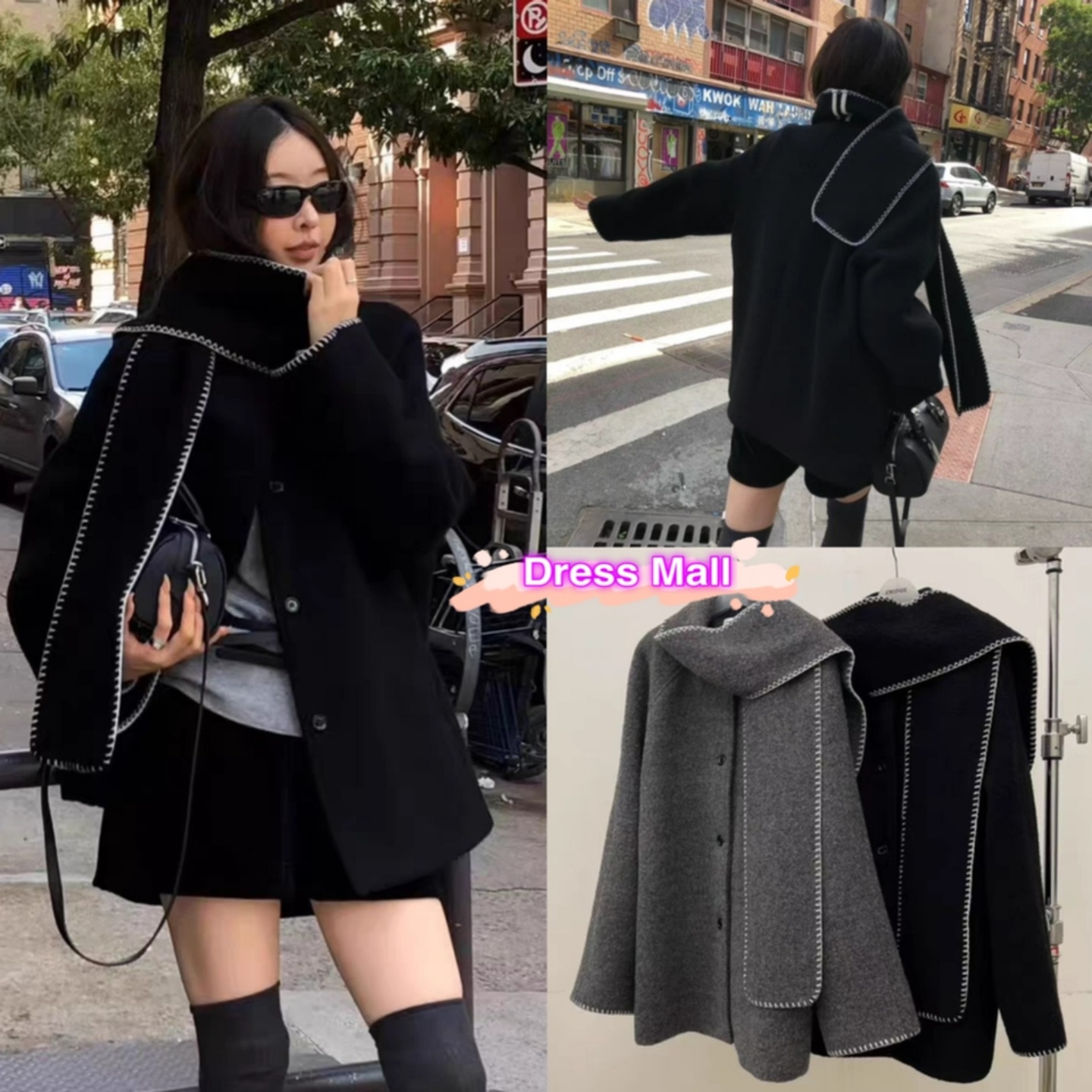 慵懒风明线锁边围巾领大衣外套女