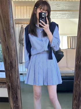 现货 freckle 赵露思同款 复古蓝色条纹衬衫百褶半身短裙套装裙女