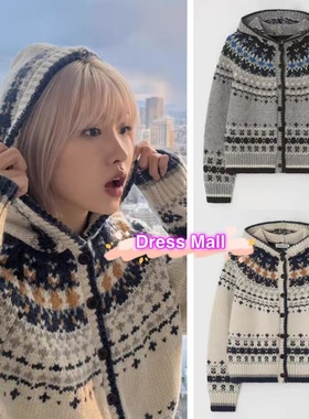 现货urago 25新款费尔岛复古百搭提花羊毛连帽针织开衫毛衣外套女