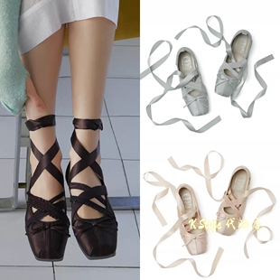 已订 rockfish 26韩国方头交叉蕾丝绑带缎面蝴蝶结玛丽珍芭蕾鞋