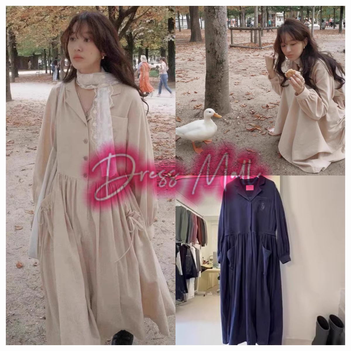 复古翻领口袋衬衫式连衣裙长裙