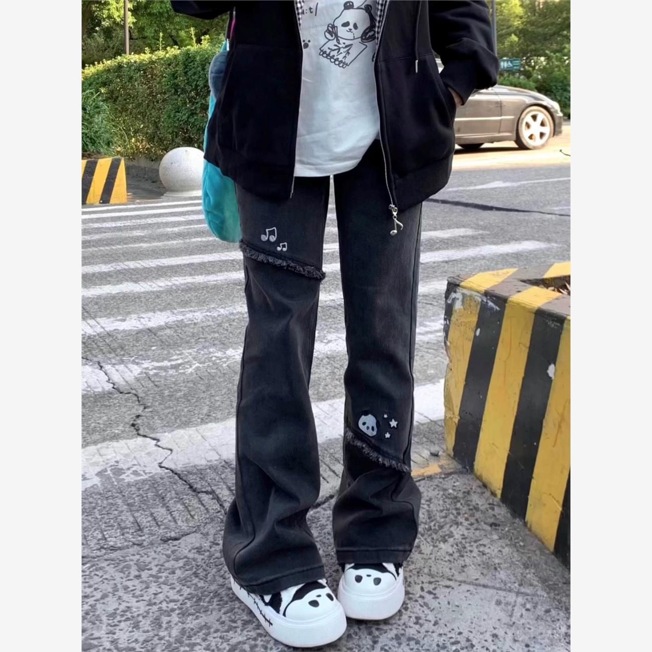 日系软妹高腰熊猫可爱微喇牛仔裤女黑灰色水洗毛边直筒阔腿长裤子