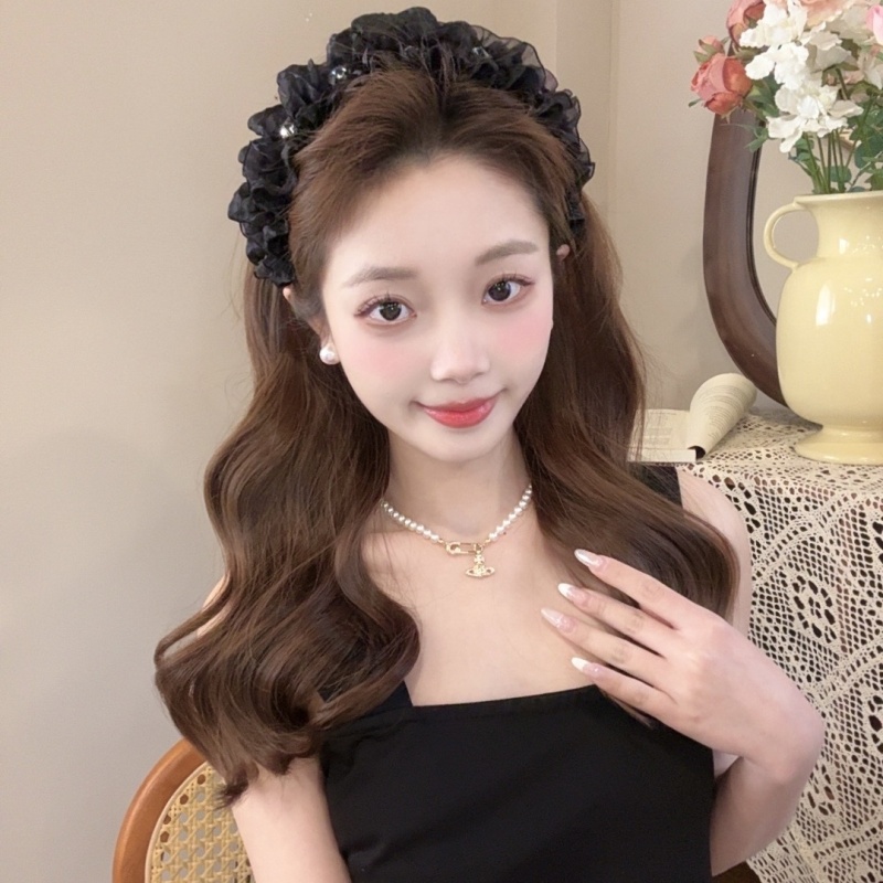 巴黎王妃褶皱水钻发箍女黑色蝴蝶结高颅顶显脸小带齿头箍波浪发卡