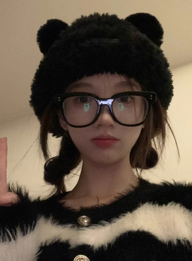 毛绒小熊针织帽子女秋冬季2025新款保暖护耳毛线可爱显脸小套头帽