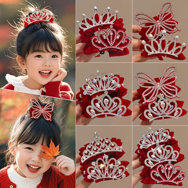 过年新年儿童丸子头红色发扣配饰皇冠女童马尾扣发夹发卡喜庆发饰