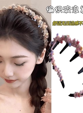 清仓！！秋冬高颅顶小香风编织波浪发箍女高端带齿压毛绒发卡头箍