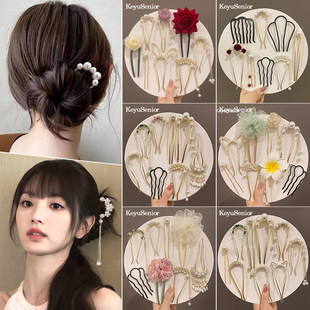 u型发簪子盘发神器发夹四齿插梳夹子低丸子珍珠流苏高级感女头饰