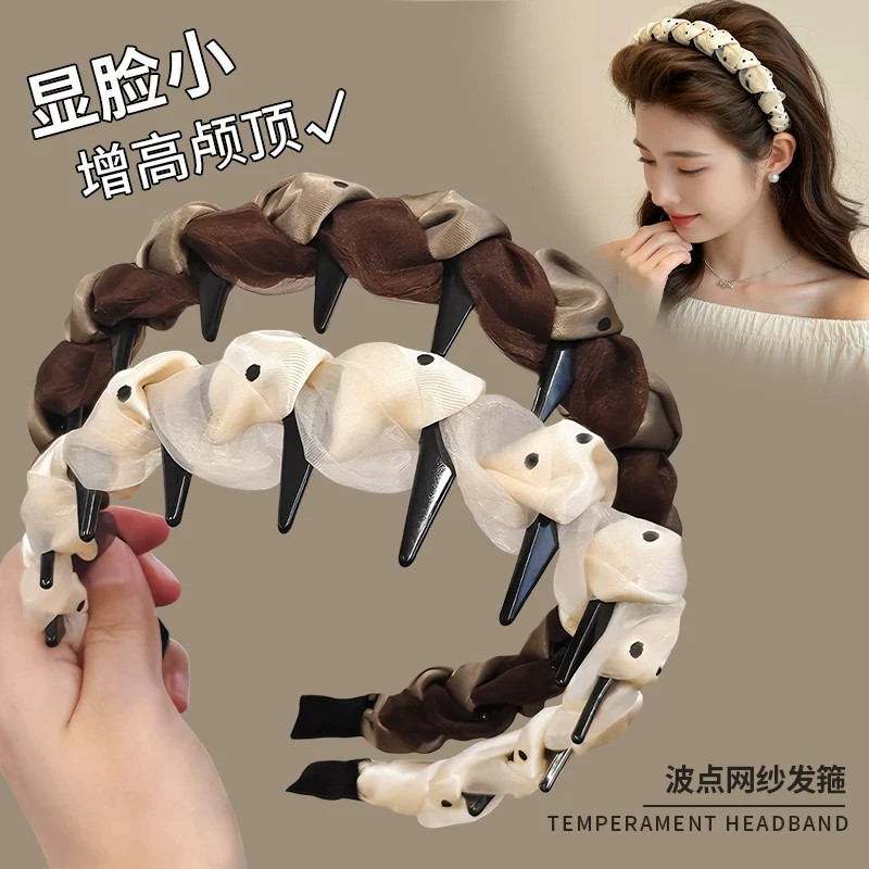 波点发箍女高级感日常外戴高颅顶带齿网纱头箍防滑不掉洗脸压发卡图片