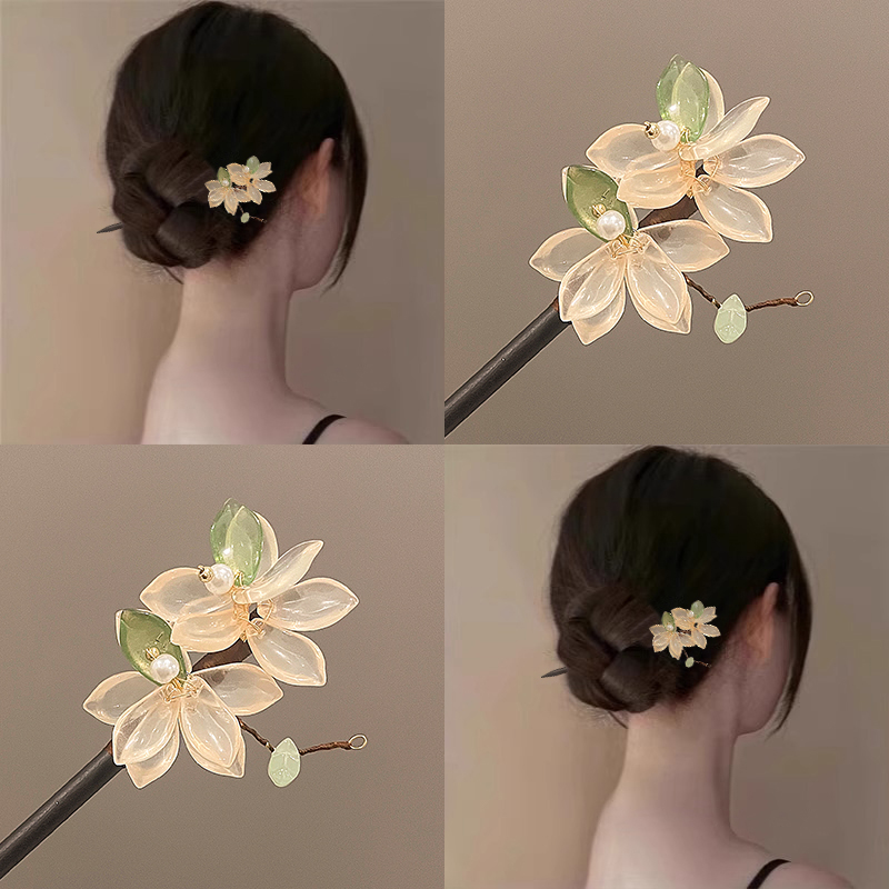 新中式玉兰花发簪优雅旗袍盘发簪子古风缠花订婚木簪发钗头饰女