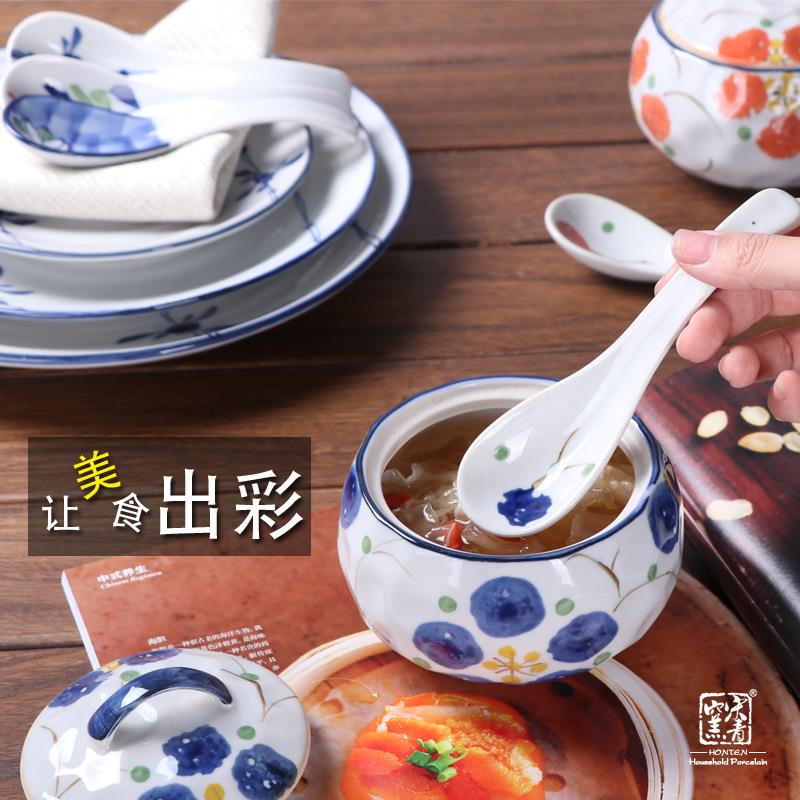 新款直销日式勺子 手绘陶瓷汤勺家用喝汤调羹拉面加长柄小勺弯勺