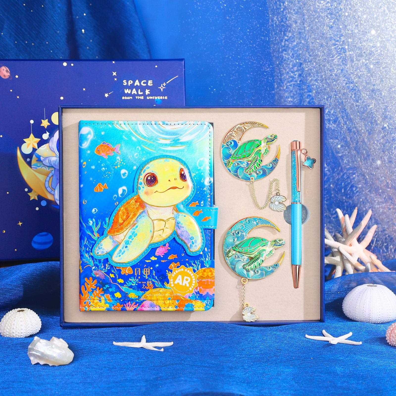新款直销海洋馆文创礼品文具套装水母鲸鱼海龟彩页日记本冰箱贴书