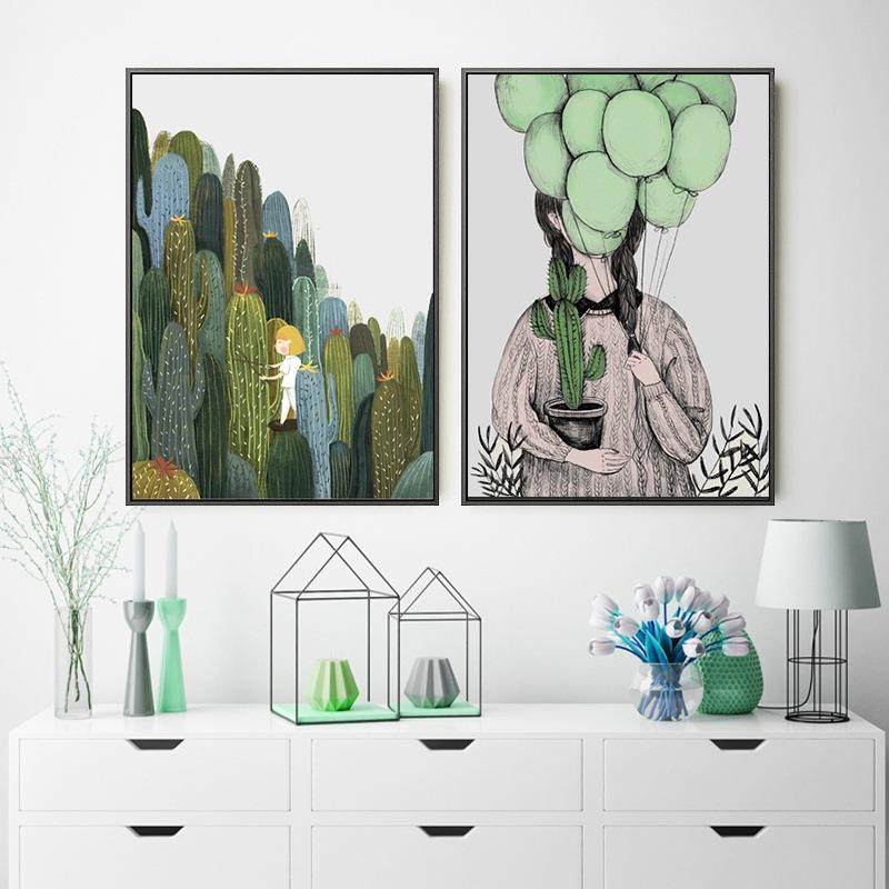 新款直销气球女孩北欧装饰画家居客厅挂画小清新植物墙画组合卧室