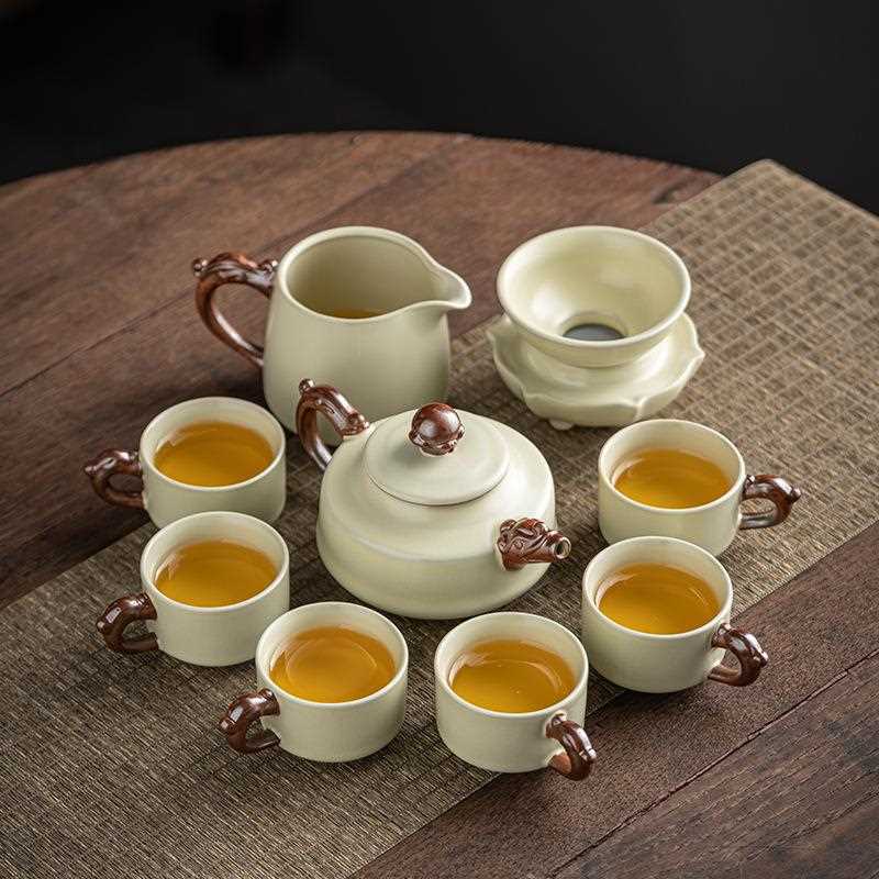 新款直销功夫茶具开片汝窑茶壶整套德化陶瓷带把茶杯家用办公套装