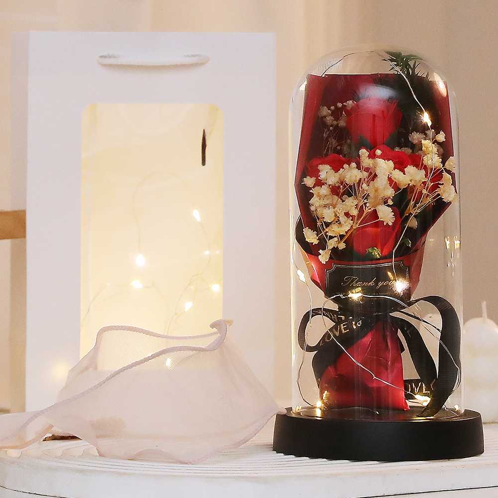 新款直销情人节礼物玻璃罩永生玫瑰香皂花满天星干花跨境实用摆件