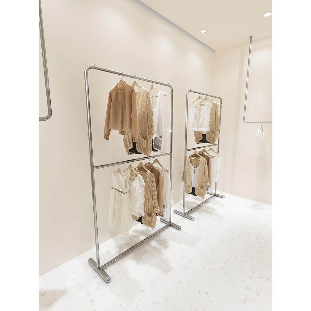新款直销服装店展示架陈列架不锈钢双层中岛架女装店银色服装架落