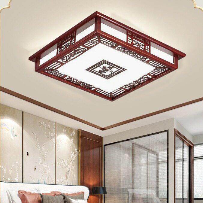 新款直销中式卧室吸顶灯方形实木仿古典led羊皮灯圆形卧室餐厅中