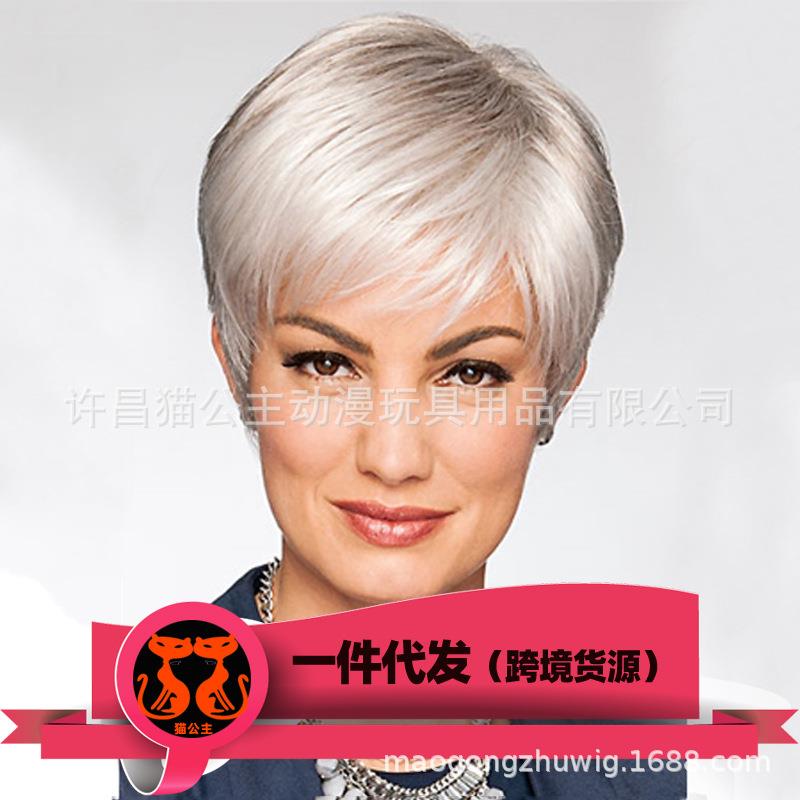 新款直销现货欧美假发短发女 中老年银灰色直发 跨境电商直供货源