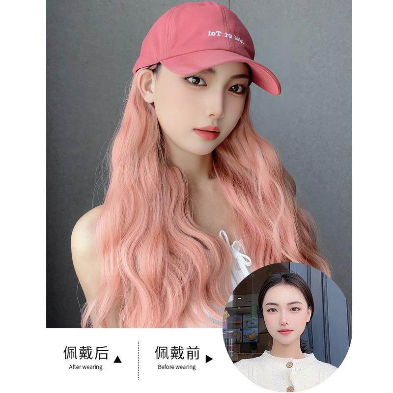 新款直销假发女长卷发潮色帽子假发一体式棒球帽带发丝仿真水波纹