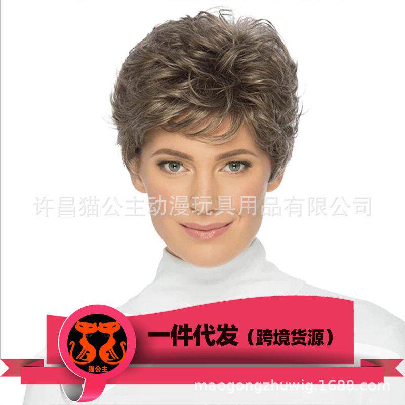 新款直销欧美时尚女士灰色短卷发假发 化纤温丝玫瑰内网头套 现货
