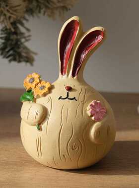 新款直销ZAKKA树脂摆件 乡村风格摘花胖兔情侣小人 树脂工艺品 摆