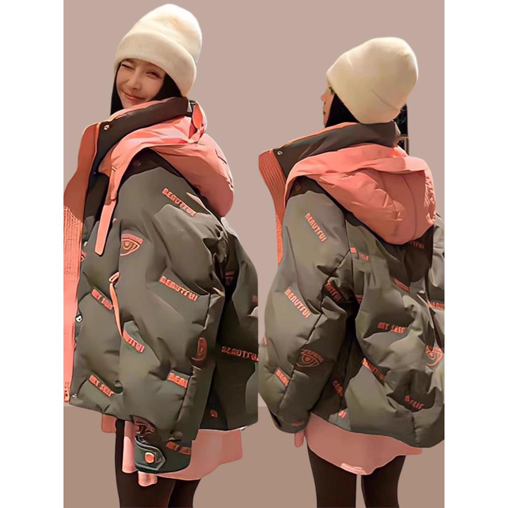 欧货重工拼色印花连帽棉衣棉服女冬季小个子保暖加厚宽松棉袄外套