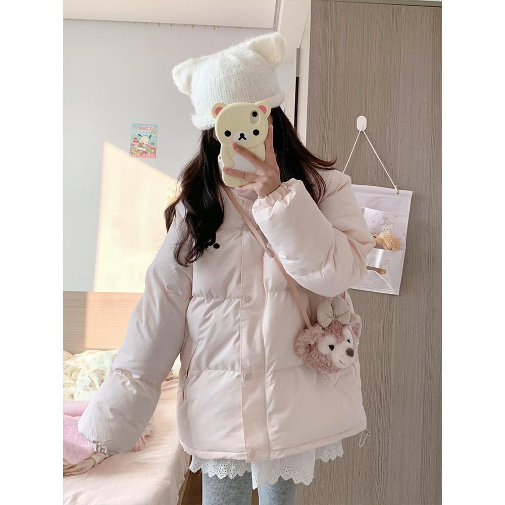 大学风格浅粉色羽绒棉衣妇女冬季新面包外衣短宽松多用途的妇女棉