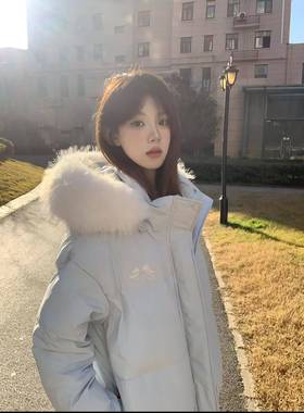 奶蓝色毛领连帽羽绒棉服女款2025新款冬季韩系宽松加厚百搭派克服