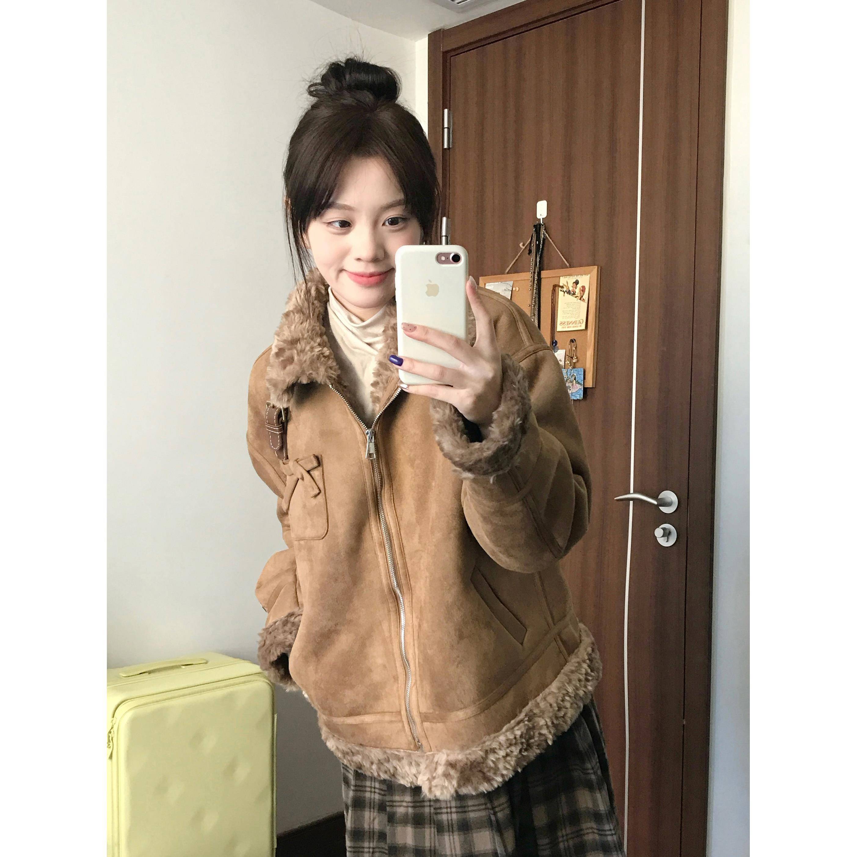 覆古皮毛一体羊羔绒棉服外套女款冬季小个子加绒加厚保暖麂皮棉衣