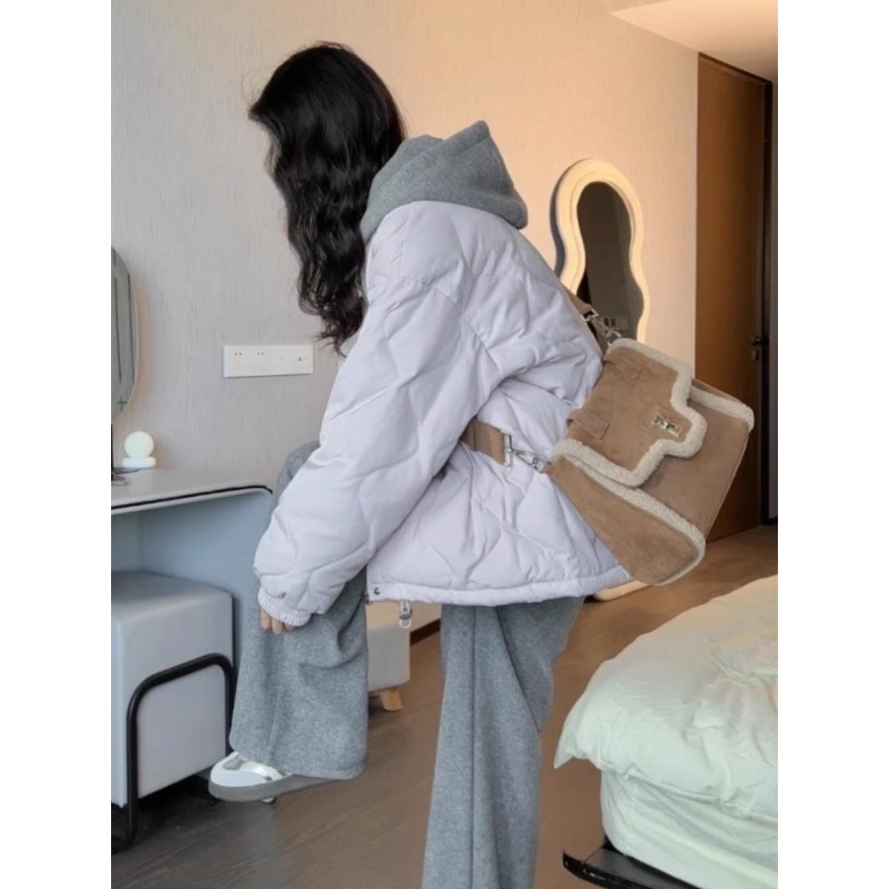 2025新款冬季棉服女韩系羽绒棉袄秋冬夹棉外套小个子宽松菱格棉衣