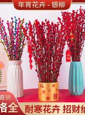七彩银柳真花红色鲜枝年宵花卉福桶银柳耐寒植物干花室内装饰花束