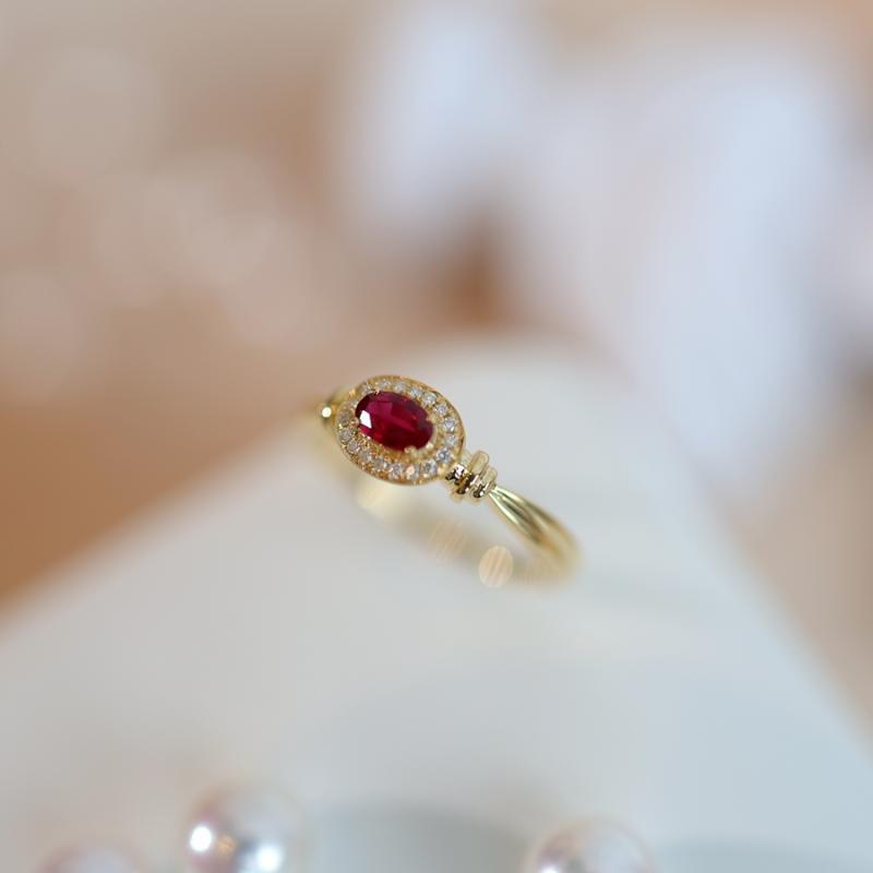 日系小众设计金带红豆红宝石戒指女款复古轻奢秀气古典婉约