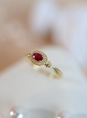 日系小众设计金带红豆红宝石戒指女款复古轻奢秀气古典婉约