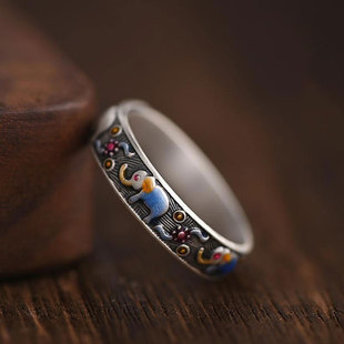 吉象珐琅彩戒指女款复古风国潮个性简约胖手可戴食指戒ins