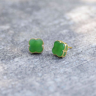 四叶草丨天然和田玉四叶草碧玉耳钉纯银镀18k金玉石耳饰送人礼物