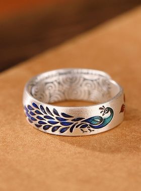 景泰蓝国潮珐琅莲花孔雀祥云纹戒指气质女款中式民族复古开口指环