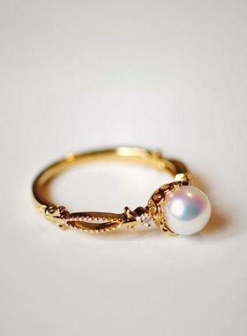 日系Akoya同款淡水珍珠银戒指女镶嵌锆石精致镀18k金戒指