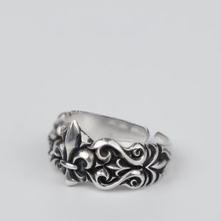 925银战斗修女徽章鸢尾花戒指男女款复古嘻哈霸气活口可调节指环