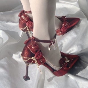 镜像小熊lolita高跟鞋成人礼花嫁华丽酒红色洛丽塔鞋lo新娘鞋细跟