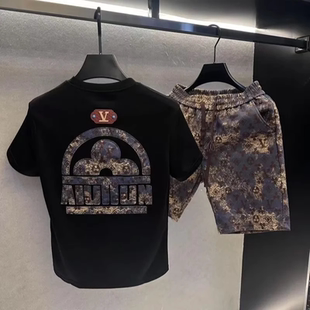 两件套男士 短裤 运动套装 夏季 潮牌休闲一整套 欧版 时尚 轻奢印花短袖