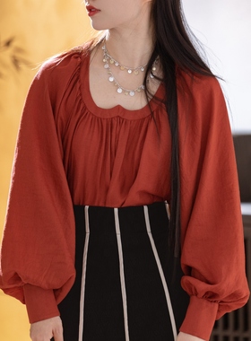 萃CUI写意国风-唐制汉元素鸡心领泡泡袖新中式国风日常衬衣女