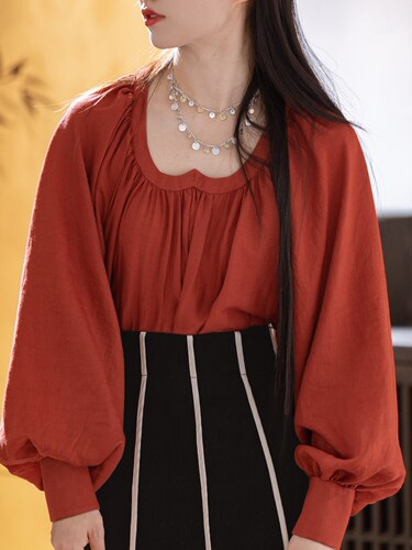 萃CUI写意国风-唐制汉元素鸡心领泡泡袖新中式国风日常衬衣女